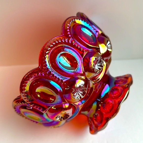 L E Smith Moon and Stars Iridescent Ruby Red Orange Carnival Glass Bowl 6” - Picture 3 of 9